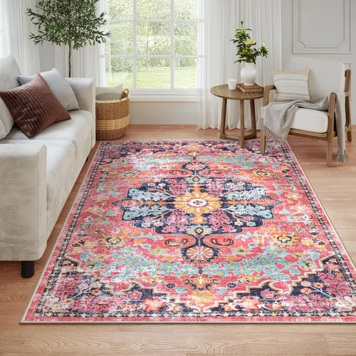 Miniatura 30 de Lahome Alfombra bohemia con medallón floral, 4 x 6 pies, color verde azulado, suave, lavable, antideslizante, apta para mascotas, alfombra