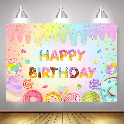 Miniatura 4 de Mocsicka Fondo de dona de feliz cumpleaños para niñas, decoración de fiesta de cumpleaños, decoración de fondo, mesa de pastel, pancarta, dona