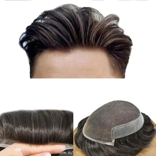 Miniatura 136 de Sistema de repuesto de cabello humano europeo con encaje frontal suizo para hombre, tupé para hombre, pieza de cabello, nudo blanqueado, línea #17