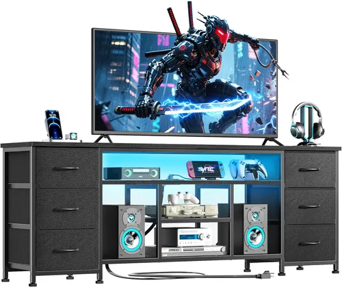 Furologee Soporte de TV LED para TV de 65, 70 pulgadas, centro de entretenimiento de 63 pulgadas con tomas de corriente, cómoda de 6 cajones de tela