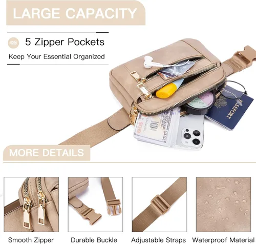 Miniatura 4 de Telena Riñoneras para mujer, bolso cruzado de cuero, bolso de cintura de moda con correa ajustable, Marrón claro