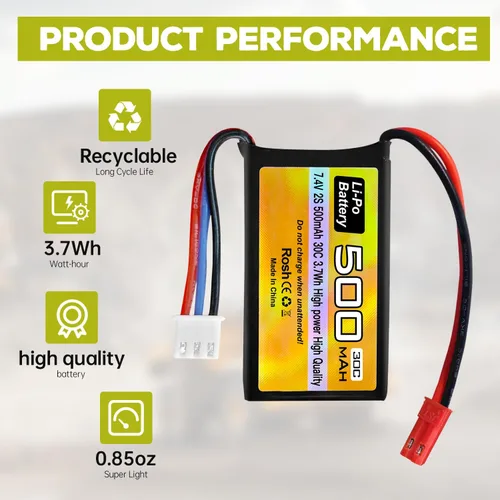Miniatura 4 de Batería Lipo de 7.4V 500mAh 30C con enchufe JST-2P con cargador 2 en 1 para helicóptero RC Quadcopter pequeño avión micro FPV Racing Drone RC coche