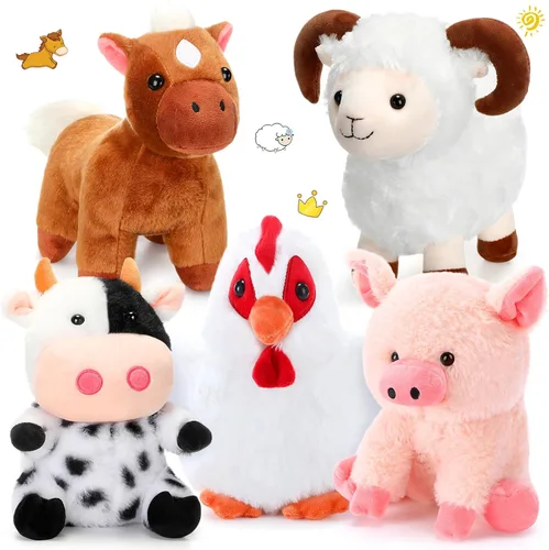 Skylety Juego de 5 animales de peluche de granja de 10 pulgadas, animales de peluche de granja suave, cerdo gallo, caballo, oveja, vaca, juguete de