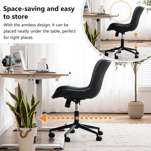 Miniatura 5 de YOUNIKE Silla de escritorio compacta negra para oficina en casa con ruedas, silla de tocador linda sin brazos cómoda con respaldo basculante