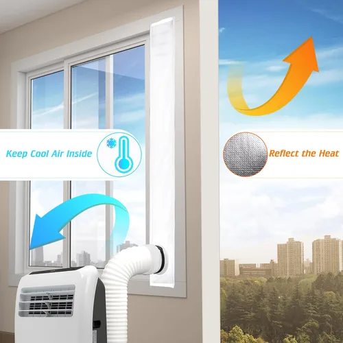 Miniatura 8 de Kit de sellado portátil de ventana de CA con pantalla de hojas, diseño de cordón, doble capa, refleja la luz solar y el calor, 64 pulgadas