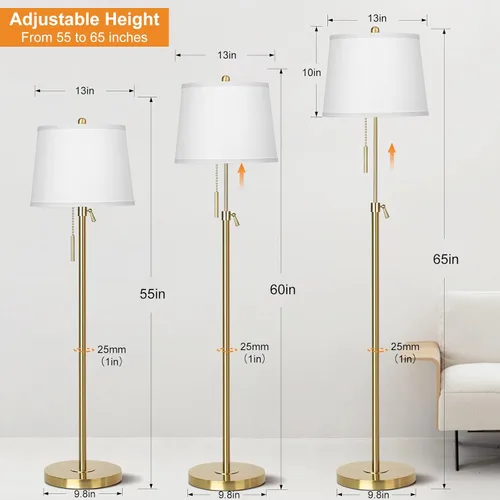 Miniatura 3 de JUNNAI Lámpara de pie dorada para sala de estar, lámpara de pie alta de 55 a 65 pulgadas, ajustable, moderna, de latón, para dormitorio, lectura