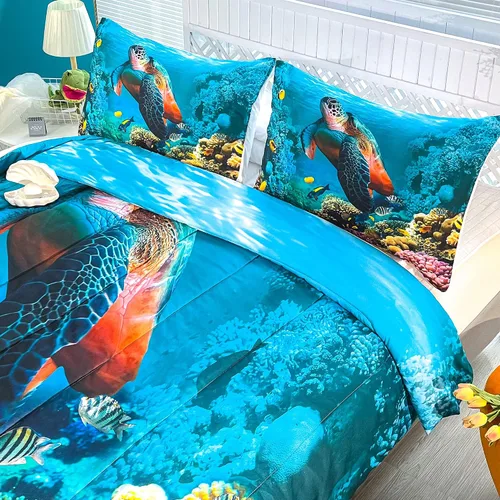 Miniatura 5 de CVHOUSE - Juego de ropa de cama de tortuga marina, edredón individual de tortuga marina, juego de edredón de playa de océano para niños y niñas, A4