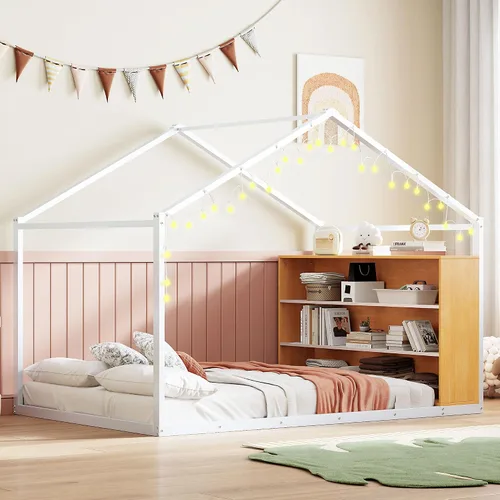 Miniatura 10 de Cama juguetona en forma de casa de tamaño matrimonial con estantes y luces, marco de cama de metal con techo para niños, adolescentes y adultos, un