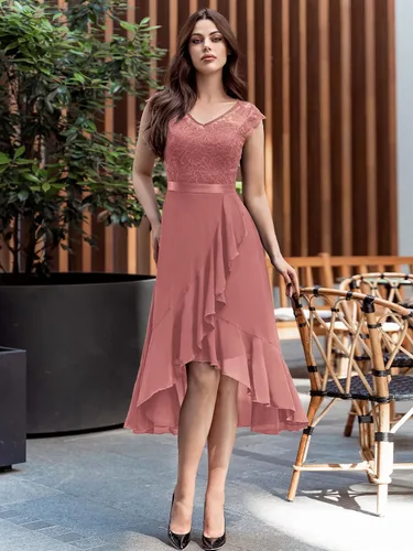 Miniatura 4 de Miusol Vestido de dama de honor elegante con cuello en V y encaje floral retro para mujer