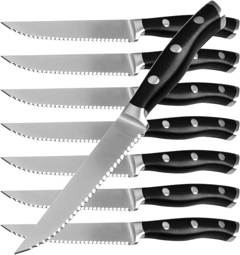 Alata Juego de cuchillos para carne de 8 piezas, 4.7 pulgadas con borde dentado, cuchillos afilados para cena, construcción de espiga completa Negro