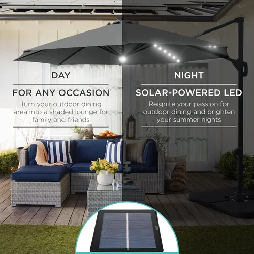 Miniatura 3 de Best Choice Products Sombrilla Solar LED Voladiza de 10 pies para Patio, Rotación de 360 Grados, Sombrilla Colgante Descentrada de Mercado para Gris