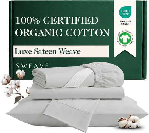 Sábanas de algodón orgánico certificado GOTS 100% de tamaño completo - Lujoso hilo de 415 hilos, certificado Oeko-Tex, tejido de sátin sedoso con
