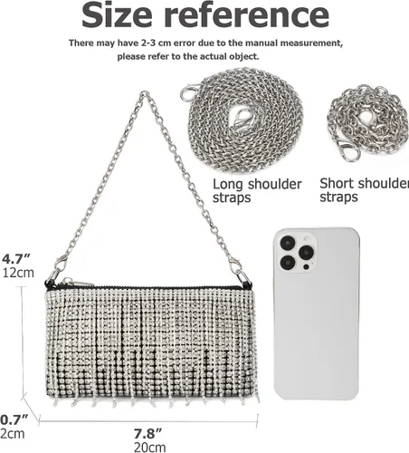 Miniatura 3 de Bolso cruzado de diamantes de imitación brillantes para mujer, con borla, cadena plateada, para fiesta de graduación de noche, fiesta