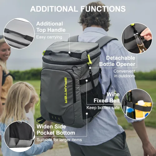 Miniatura 6 de SPARTER - Mochila enfriadora aislada a prueba de fugas para 33/49 latas, bolsa térmica con 2 compartimentos aislados, mochila de playa, viaje, Gris