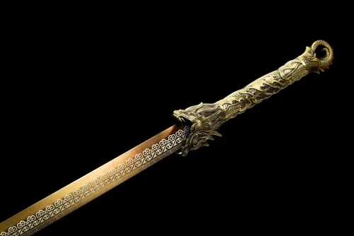 Miniatura 5 de Espada china de la dinastía Tang Dao de acero al carbono, hoja recta afilada, katana con patrón de dragón, funda Dorado