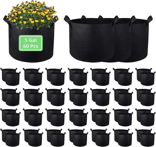 Bolsas de cultivo de jardín de 5 galones, paquete de 60 macetas de tela de 5 galones, bolsas de cultivo no tejidas, macetas de tela de aireación