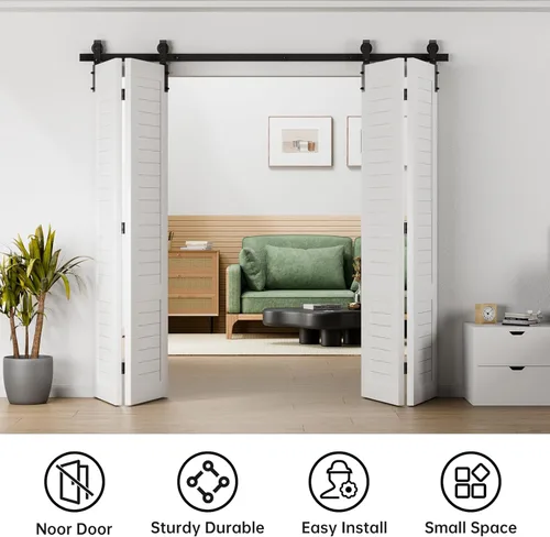 Miniatura 3 de Kit de herrajes para puerta de granero plegable deslizante BONIKLUBA de 48", suave y silencioso, rodillo negro montado lateralmente, fácil
