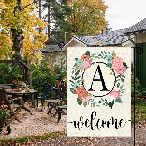 Miniatura 3 de Bandera de jardín con letra monograma, floral, 12 x 18 pulgadas, doble cara para exterior, pequeña de arpillera, familia, apellido, bandera inicial