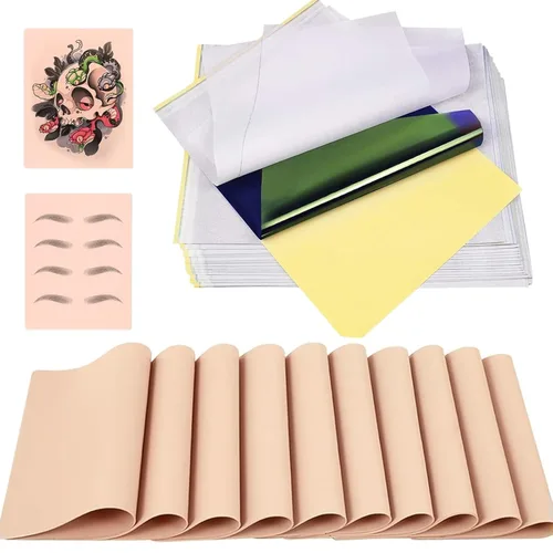 Miniatura 8 de Yuelong El kit de 30 piezas de papel de transferencia y piel de práctica de tatuaje en blanco incluye 10 piezas de piel falsa y 20 piezas de papel