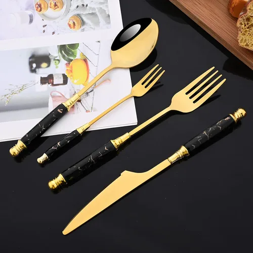 Miniatura 7 de JASHII Fancy Silverware - Juego de cubiertos de acero inoxidable dorado, juego de cubiertos de espejo, cuchillo y tenedor, cuchara, cucharadita