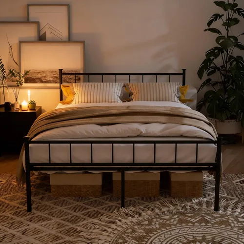 Miniatura 7 de Marco de cama de plataforma de metal, cama de hierro de estilo victoriano con cabecero, marco resistente y listones, almacenamiento debajo