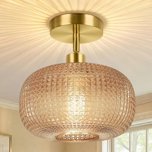 ROTTOGOON Lámpara de techo semiempotrada, luces de techo inclinadas doradas ajustables con pantalla de vidrio ámbar, modernas lámparas de pasillo