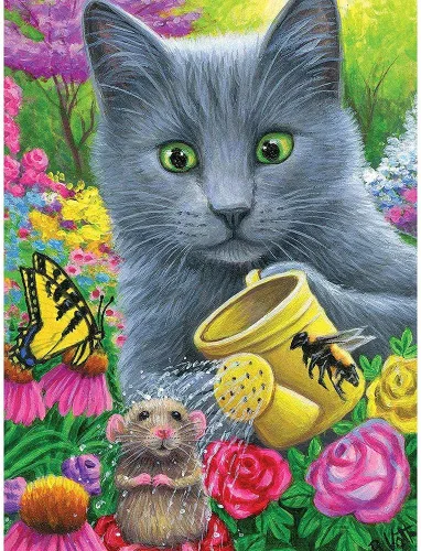 Miniatura 2 de Bits and Pieces Rompecabezas de 300 piezas para adultos - Chillin in Misty's Garden - Rompecabezas de gato con flores, ratón, mariposa y gatito por