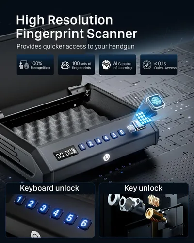 Miniatura 2 de Caja fuerte biométrica grande para pistolas, 100 juegos de huellas dactilares con luz interna y modo silencioso, caja de bloqueo de pistola