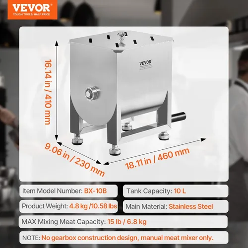 Miniatura 7 de VEVOR - Batidora manual de carne, tanque fijo de 10 L, batidora de mano de acero inoxidable resistente para carne molida y salchicha, capacidad
