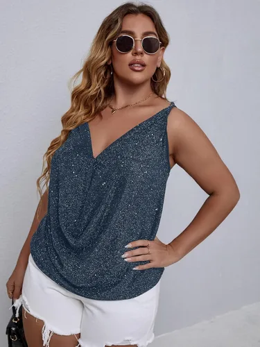 Miniatura 5 de Floerns Camiseta sin mangas con cuello drapeado con purpurina para mujer, talla grande