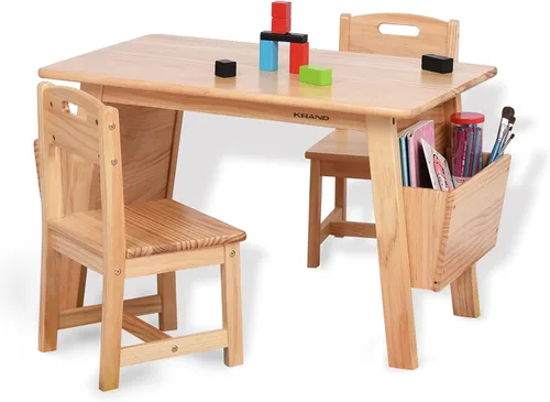 Juego de mesa y 2 sillas de madera maciza para niños con escritorio de almacenamiento y sillas para niños pequeños mesa de actividades (madera