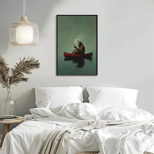 Miniatura 5 de Póster de lienzo retro de Sasquatch, divertido pie grande en una canoa roja, pesca verde esmeralda, arte de pared, diseño de casa de lago, vintage