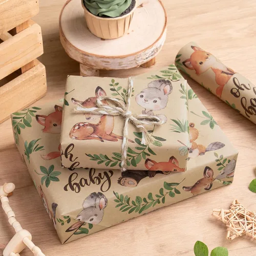 Miniatura 6 de RUSPEPA - Rollo de papel para envolver regalos con diseño de animales del bosque, mini rollo, papel kraft con texto "Oh Baby" para baby shower