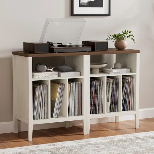 Miniatura 10 de Moderno soporte para tocadiscos, armario de almacenamiento de discos de vinilo con estante abierto, reproductor de discos de madera, organizador