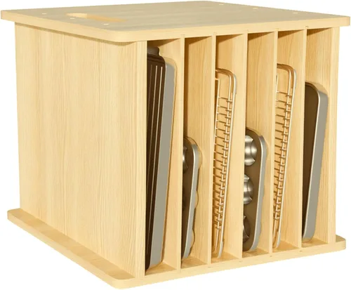 Miniatura 9 de Separadores de bandeja de madera de 7 niveles para gabinetes, organizador de bandejas para galletas para ollas, sartenes, organizador de bandejas