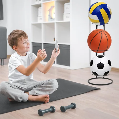 Miniatura 7 de QWORK Estante de almacenamiento para pelotas de baloncesto: diseño vertical de 3 niveles, montaje en pared o independiente, solución de ahorro
