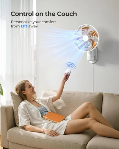 Miniatura 5 de Airbition Ventilador pequeño de montaje en pared de 10 pulgadas con luz y control remoto, oscilación de 90°, 4 velocidades, temporizador, inclinado
