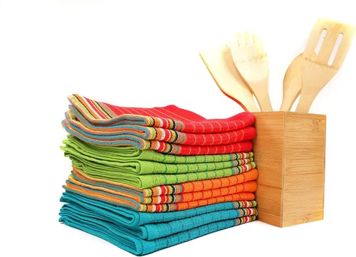 Miniatura 3 de Salsa Stripe - Toallas de cocina de 100 % algodón absorbente natural, gofres, multiusos, color rojo, naranja, verde, azul (28 x 16 pulgadas)