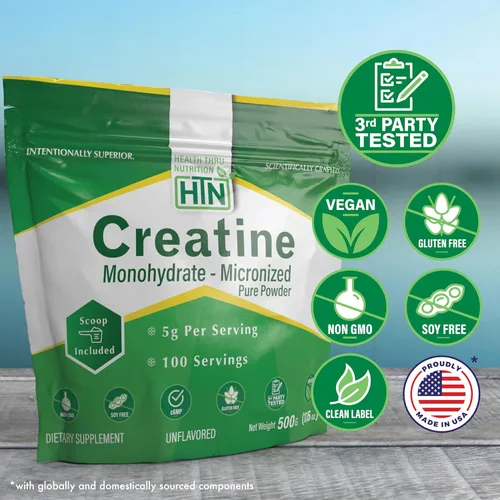 Miniatura 2 de Health Thru Nutrition Monohidrato de creatina en polvo micronizado – 17.64 oz puro sin sabor – 0.18 oz por cucharada – Apoyo al entrenamiento