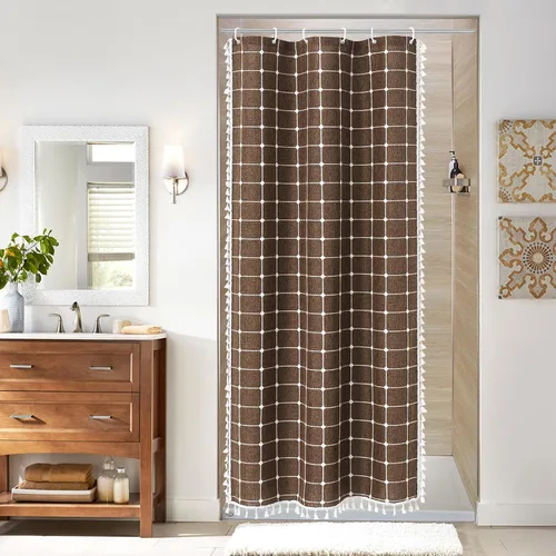 Miniatura 10 de MitoVilla Juego de cortinas de ducha estilo bohemio, modernas cortinas de ducha bohemias para decoración de baño, cortina de ducha de tela de lino