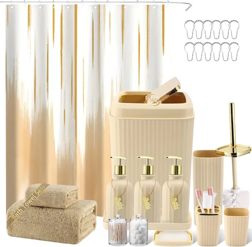 Miniatura 18 de 21PCS Bathroom Sets with Shower Curtain and Rugs Bathroom Accessories Set Beige Bathroom Set Complete with Trash Can, Toilet Brush, Qtip Holder &
