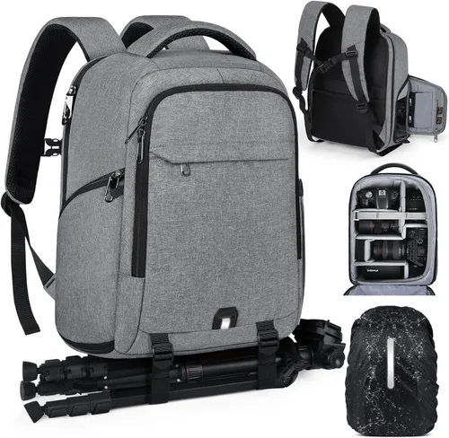 Miniatura 11 de RAINSMORE Mochila para cámara para fotógrafos DSLR SLR SLR sin espejo con cubierta impermeable para lluvia y compartimento para laptop, se adapta a