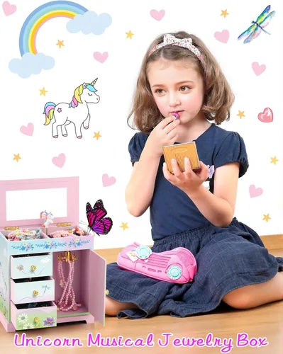 Miniatura 15 de RR ROUND RICH DESIGN - Joyero musical para niñas con cajón y juego de joyas con tema de bailarina, melodía de “El lago de los cisnes”, color rosado