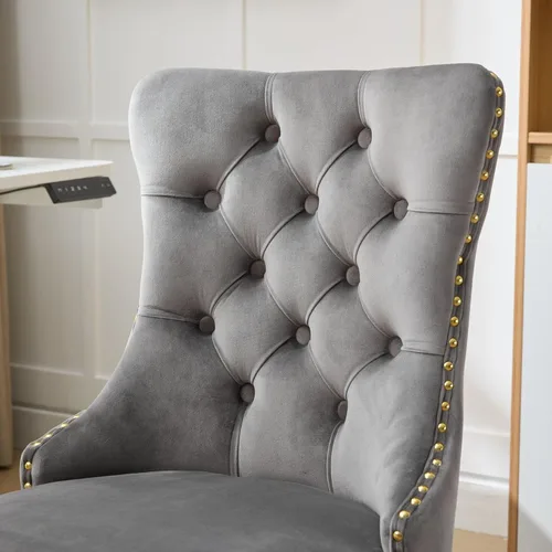 Miniatura 6 de LKTART Silla de oficina tapizada de terciopelo con botón copetudo con base de metal dorado, silla de escritorio ajustable silla de oficina giratoria