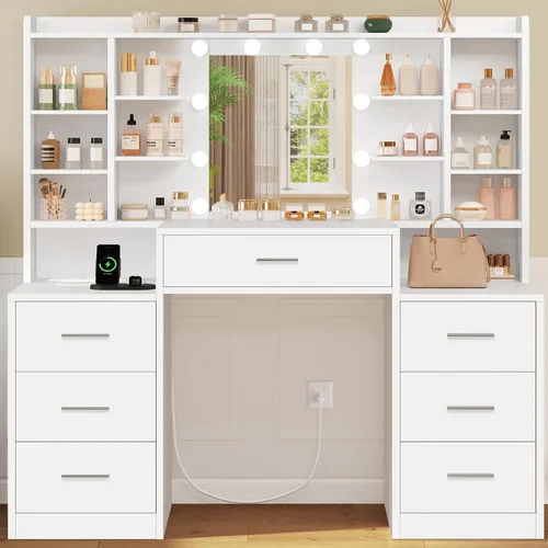 Miniatura 9 de FIONESO Escritorio grande con espejo y luces, tocador de maquillaje con 11 cajones y 6 estantes abiertos, 3 modos de iluminación, brillo ajustable