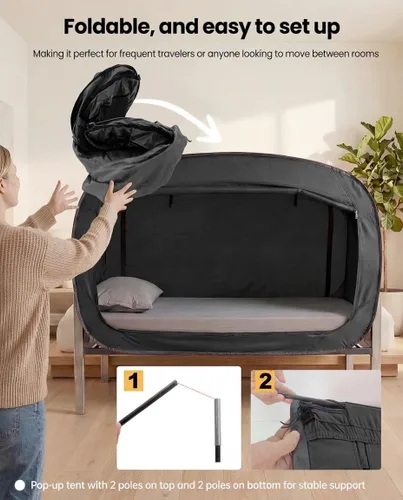 Miniatura 6 de ANC POP Tienda de Cama Twin Dosel de Cama Tienda de Ensueño Portátil para Adultos Tiendas de Dormir Interiores con 2 Puertas Tiendas de Espacio Negro