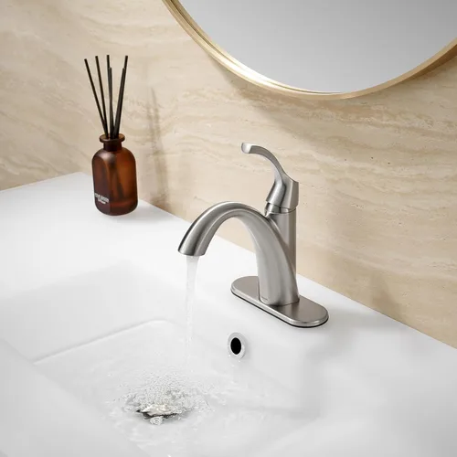 Miniatura 3 de TimeArrow Grifo de baño de níquel cepillado de 1 manija y un solo agujero, placa de cubierta de 3 agujeros, drenaje desplegable y líneas de Níquel