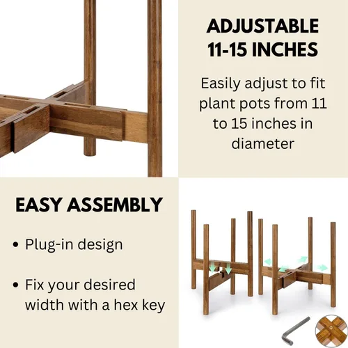 Miniatura 3 de Fox & Fern Soporte Grande Ajustable para Plantas de Interior — 11 a 15 Pulgadas, Soporte Premium de Bambú Estilo Moderno de Mediados del Siglo