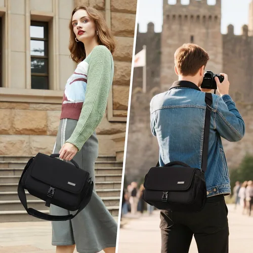 Miniatura 6 de CADeN Bolsa para Cámara Funda Bandolera Cruzada Compatible con Nikon, Canon, Sony, Cámaras DSLR SLR sin Espejo y Lentes (1.0 Negro, Grande)