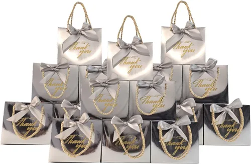Miniatura 12 de TKSBAG Paquete de 50 pequeñas bolsas de regalo de agradecimiento con asas de 5.5 x 2.3 x 4.7 pulgadas, mini bolsas de regalo negras a granel
